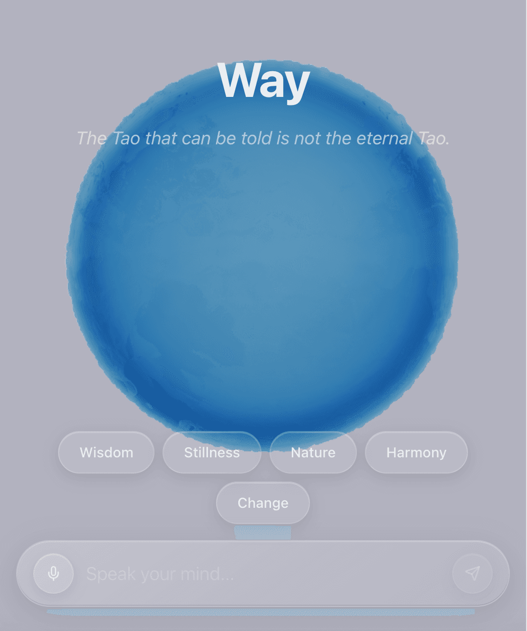 Way AI interface showing contemplative water simulation
